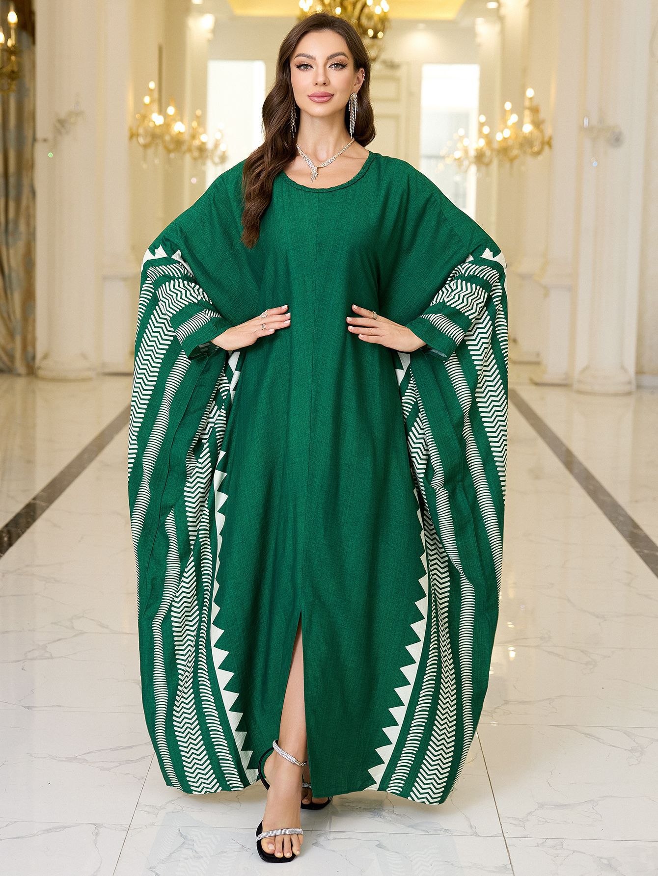 Geometric Pattern Kaftan Maxi Dress with Long Batwing Sleeves for Beach Cover Up